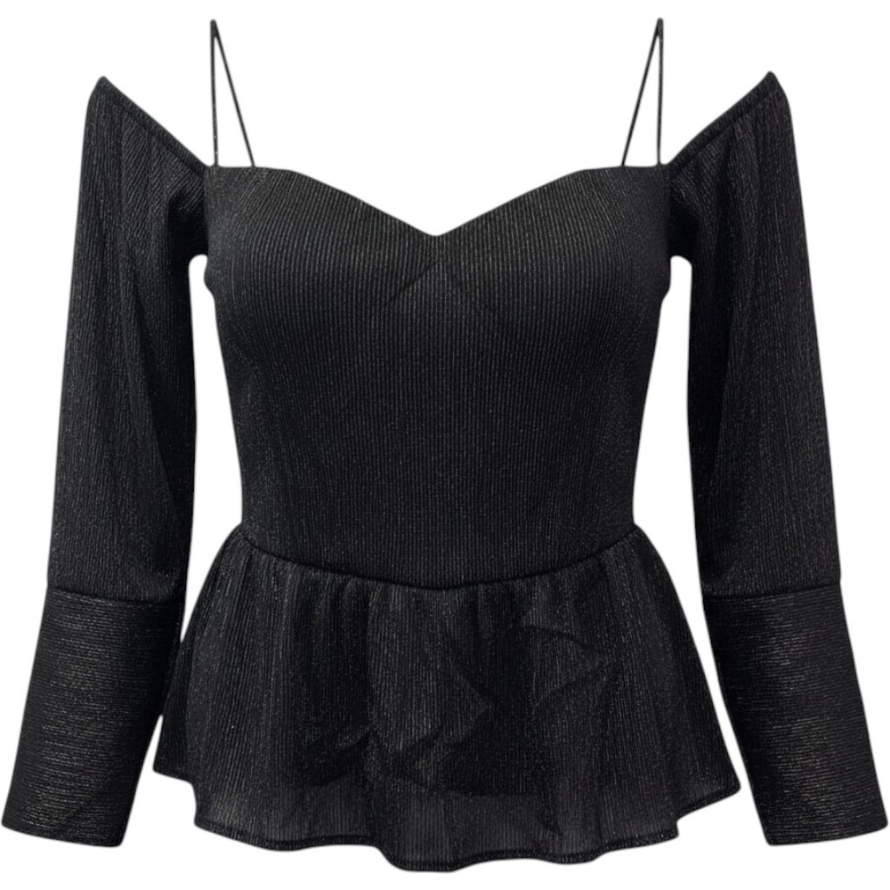 En Elly Black Shimmer Off Shoulder Peplum Top Sweetheart Neck Long Sleeve M